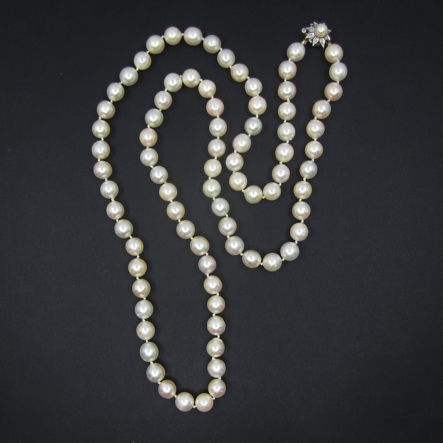 SOLD Mid-Century 32¡± 8.7mm Cultured Pearl Necklace w/Diamond Clasp c. 1960