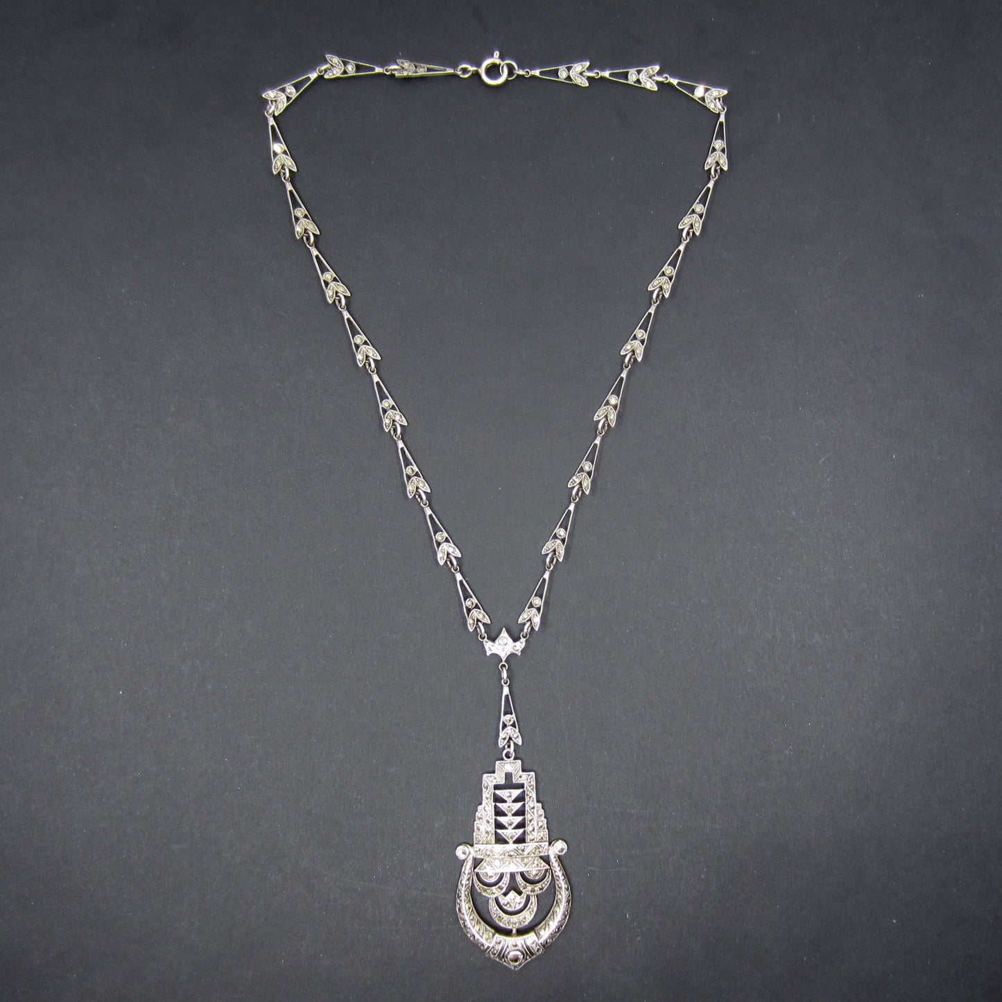 SOLD--Art Deco Marcasite Drop Necklace Sterling Silver c. 1930